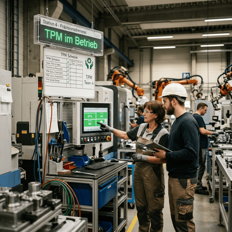 Technicians reviewing TPM im Betrieb display at Station 4 Präzisionsdreherei