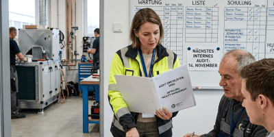 HVAC team reviewing audit checklists beside a German process-safety planning board
