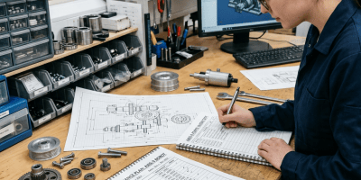 Engineer reviewing mechanical drawings and maintenance plans at a workshop desk