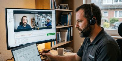 Siemens engineer using laptop and monitor for remote technical collaboration