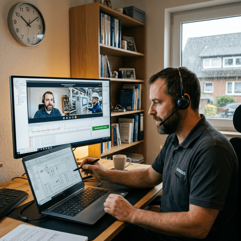 Siemens engineer using laptop and monitor for remote technical collaboration